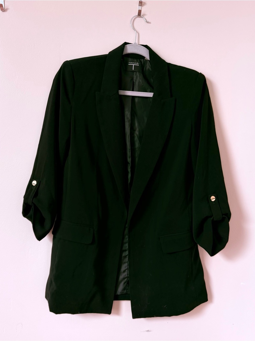Tahari Black Open-Front Blazer with Roll Tab Sleeves
